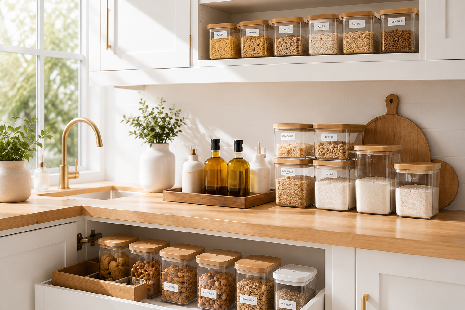 Kitchen organization with labeled jars and containers